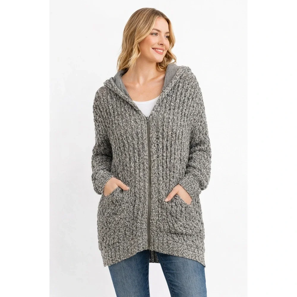 Free People Oversized Knit Hooded Cardigan Sweater Gray White Open Weave‎